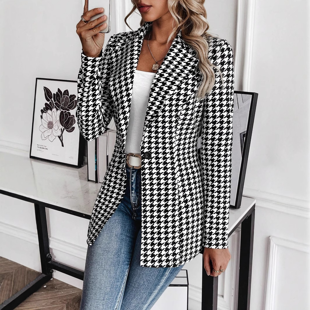 2025 Spri And Autumn New Houndstooth Elegant Fashion Slim Fit Lapel Sile-Breasted Small Blazer For Workplace_voghion.com