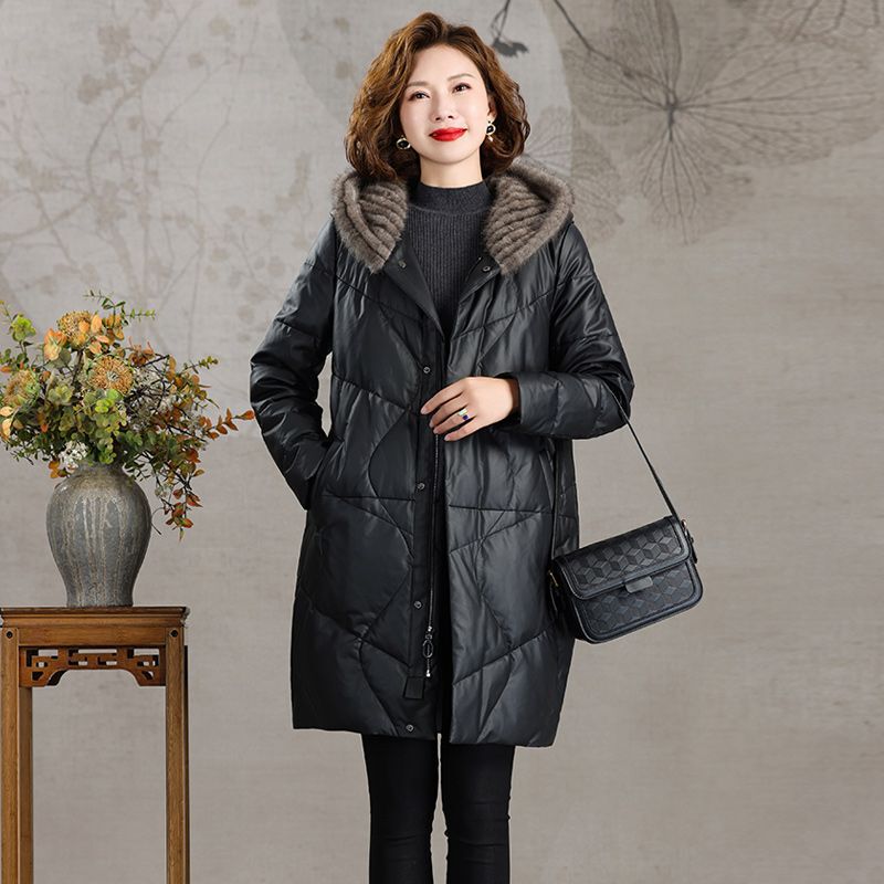 High-End Leather down Goose down Jacket Women's Mid-Length Hooded Thickeneded Warm Winter 2025 New Classy Leather Jacket