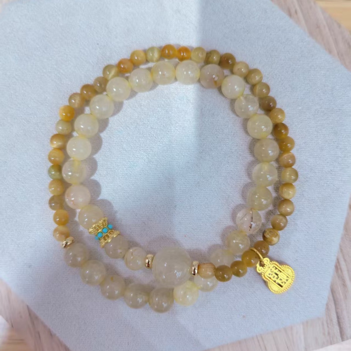 Natural Golden Rutilated Quartz Double Circle Bracelet for Women, Fashionable and High-End, Golden Tiger Eye Amethyst Bracelet Wholesale