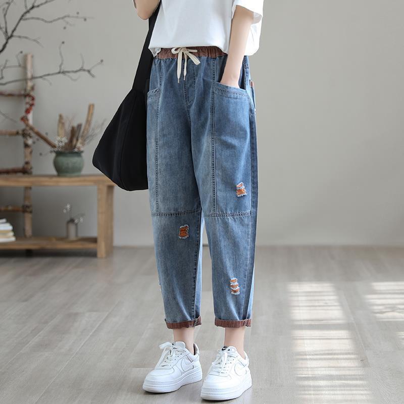Ripped Nine-Point Jeans for Women Summer 2025 Loose Thin Style Slimming Look New Elastic Waist Casual Large Size Harem Pants for Women Ripped Nine-Point Jeans for Women Summer 2025 Loose Thin Style Slimming Look New Elastic Waist Casual Large Size Harem Pants for Women