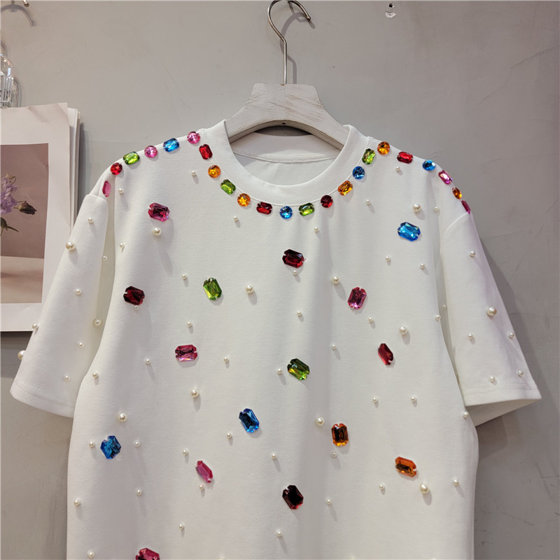 Camiseta de Manga Corta con Pedrería y Cuentas Cuello Redondo