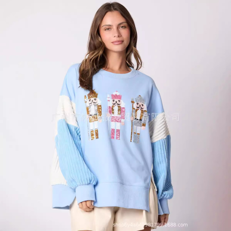 アマゾンの秋冬の新しいヨーロッパとアメリカの服クリスマス兵士スパンコールトップ多用途カラーブロックスウェットシャツ女性用|undefined