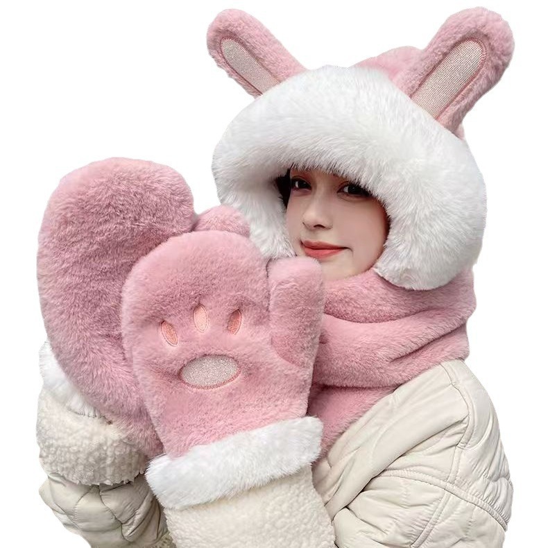 帽子のマフラーの手袋の一体のぬいぐるみの子供の秋冬のウサギの耳の熊の3セットの学生のかわいいマフラーの帽子|undefined