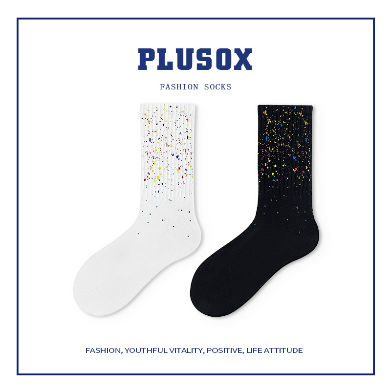 plusox Socks Women's Mid-Socks Outer Wear Trendy ins Autumn and Winter Splash Ink Art Tray Bottom Star Trendy Brand Stockings for Men