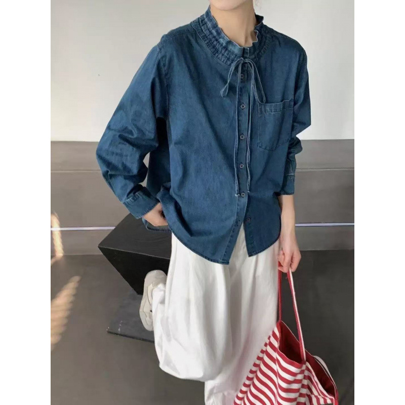 Korean Retro Lace Stand-Up Collar Lace-Up Denim Shirt for Women 2026 Spring New Style Chic Design Long-Sleeved Top