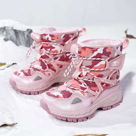 亚马逊冬季儿童雪地靴女童加绒防水男童鞋保暖迷彩棉鞋中大童短靴