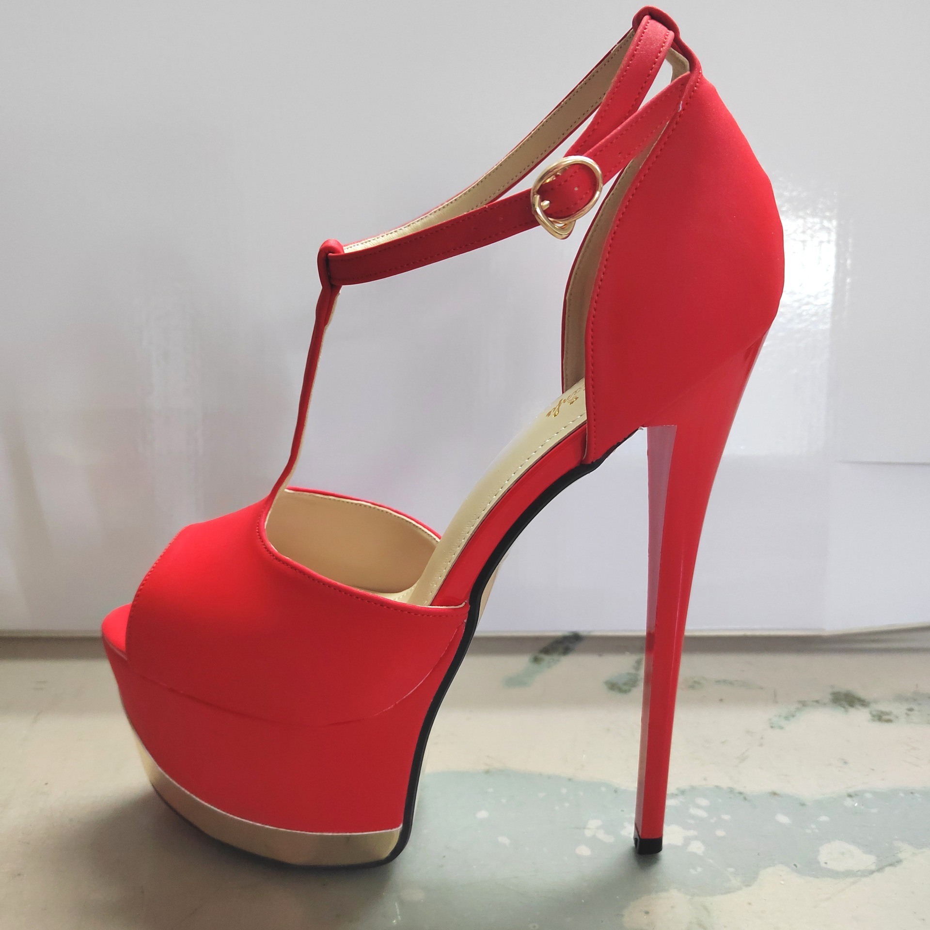 Sandal nữ cao gót quai chữ T kiểu La Mã, mũi hở, đế dày, size lớn — Đỏ (19cm) chi tiết 1