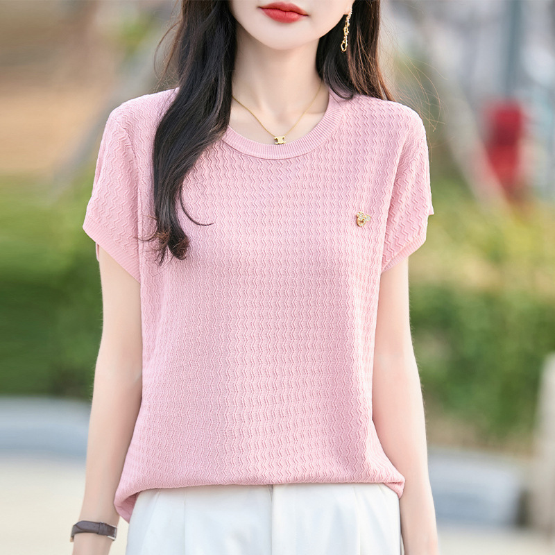 25 Years New Summer Curved Bead Round Neck Knitwear Short-Sleeved T-Shirt Women's Wavy Pattern Mickey Pullover Bottoming Shirt Top