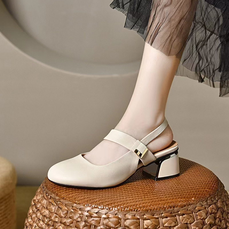 Dép da thật nữ mũi tròn bít gót thấp 3 cm quai chữ V đế mềm — Gót đen cao 3 cm