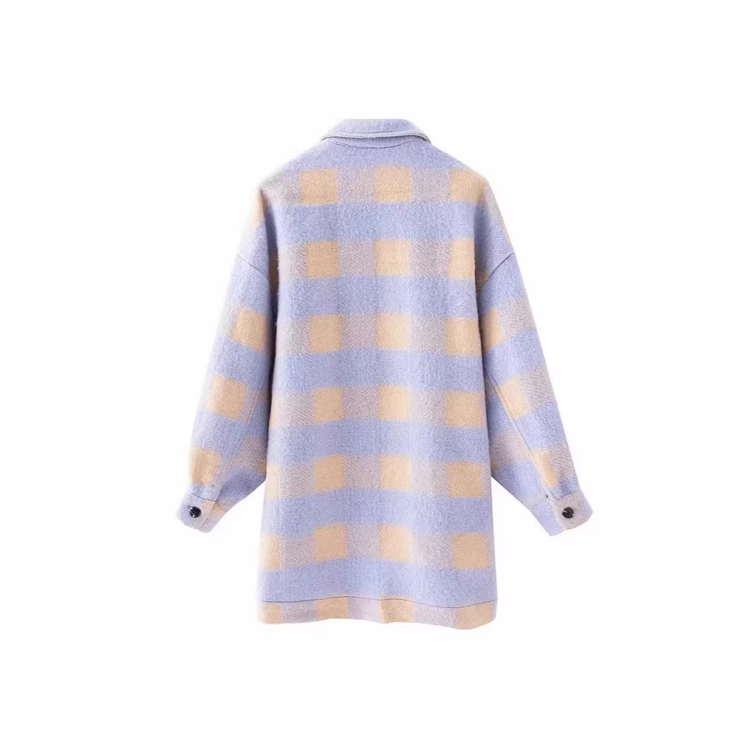 Winter And Autumn Fashion Casual Pocket-Decorated Grid Loose-Shirt Oversized Coat Wholesale_ecoleips.com