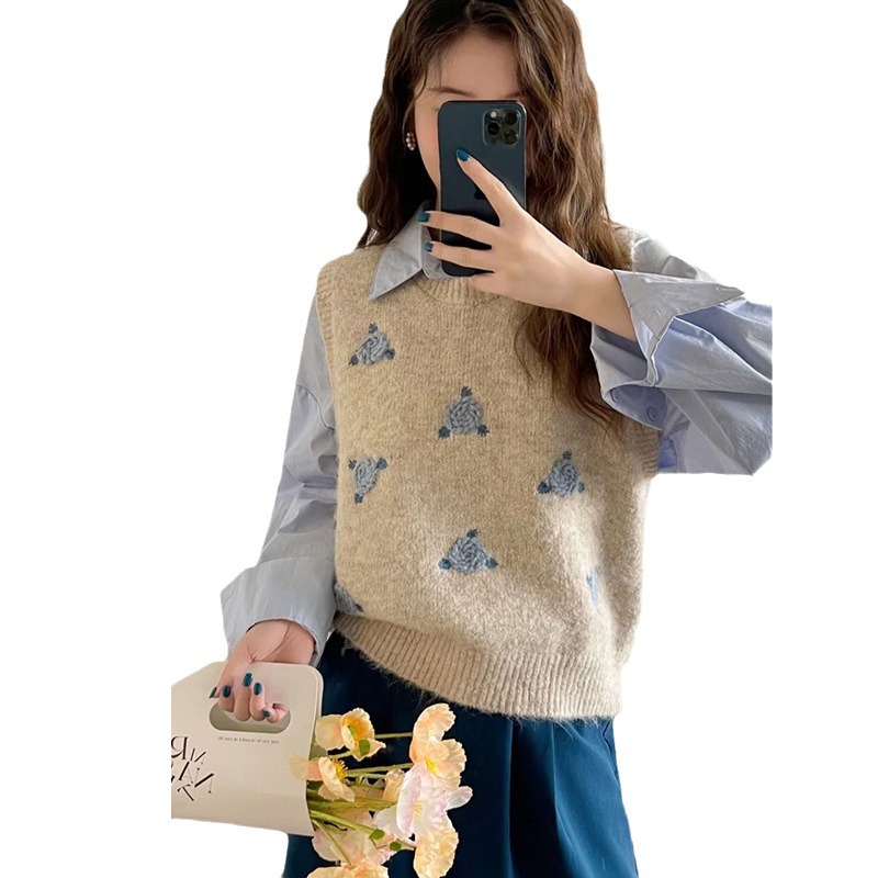 Suéter de bordado de flores retro chaleco de mujer chaqueta suelta primavera y otoño con camisa doblada para usar chaleco de punto suave glutinoso chaqueta