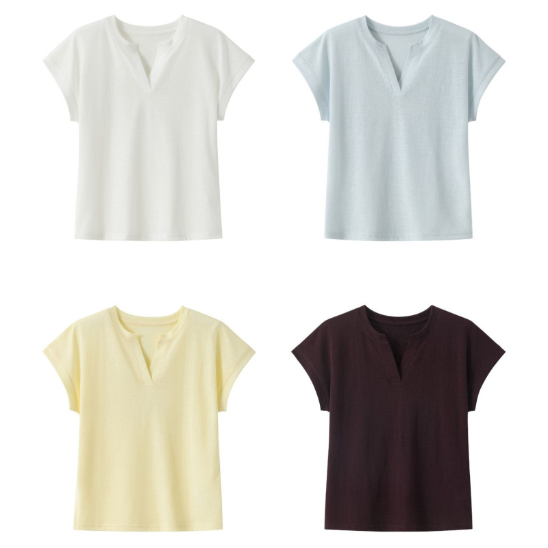 Linen and Silk V-Neck T-Shirt, Moisture-Wicking and Sweat-Absorbing, Comfortable to Wear, Dry and Cool Without Sticking to the Skin, Perfect for the Refreshing Coolness of Summer 11596