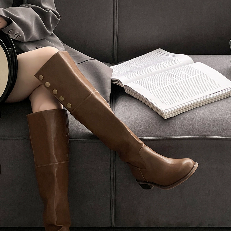 Двусторонние складывающиеся выше колена сапоги из натуральной кожи, длинные сапоги на толстой флисовой подкладке для полных девочек, женские большие стройнящие сапоги для верховой езды в стиле ретро