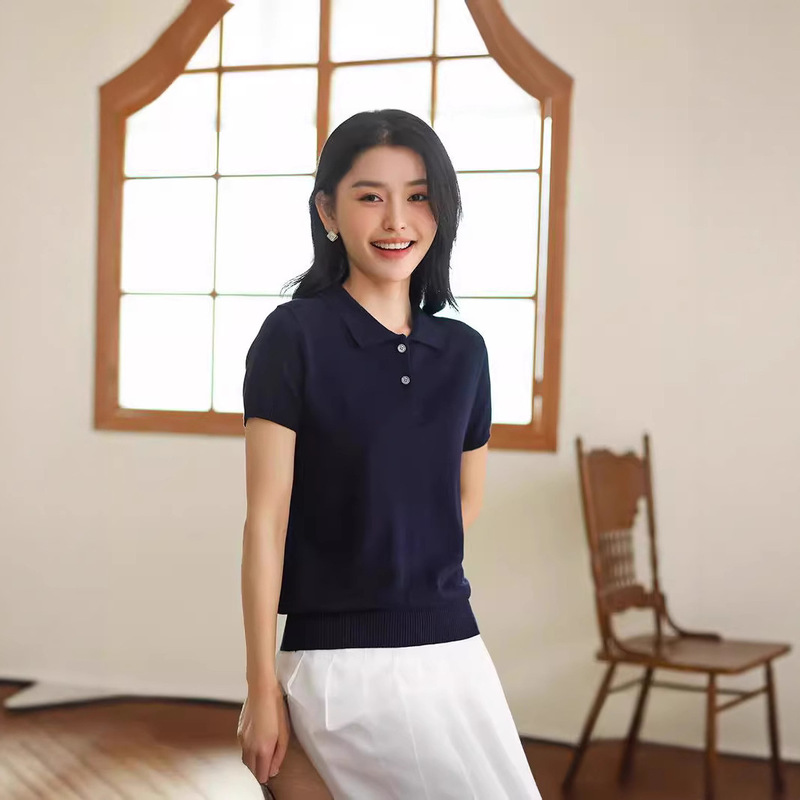 Cross-Border Spring and Summer New Cotton Polo Collar Half-Sleeved Women's Basic Simple Versatile Casual Bottoming Knitwear Vest T-Shirt