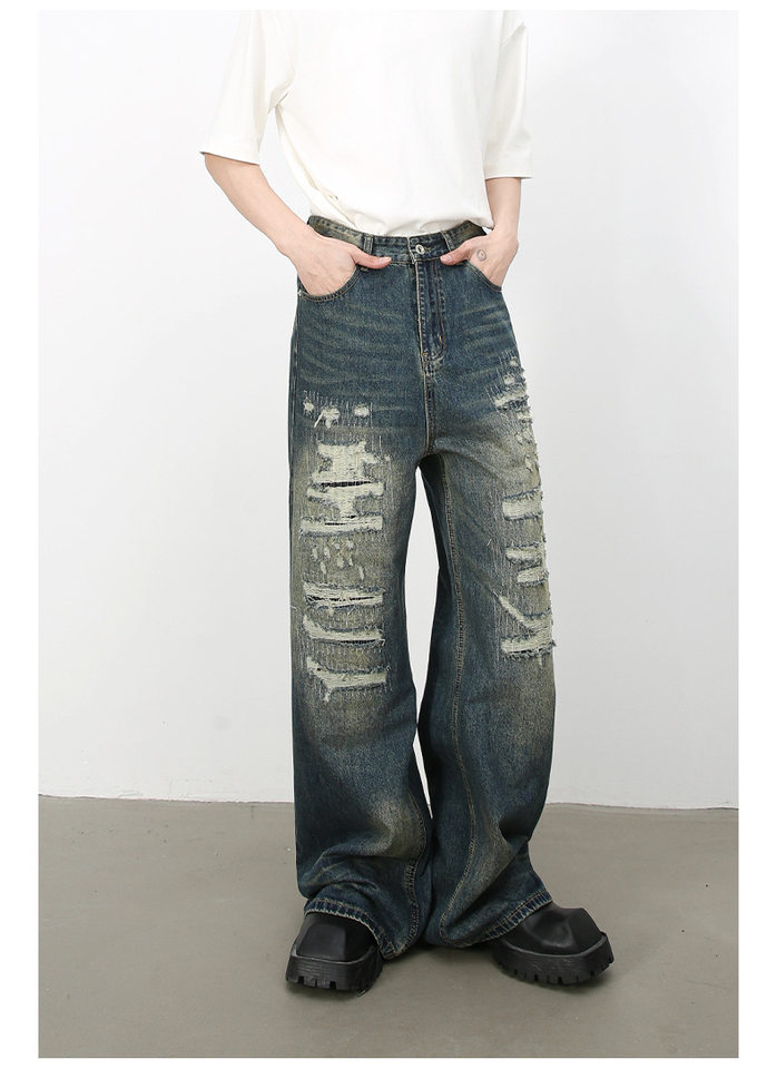 Quần jean nam ống rộng denim rách giặt cũ phong cách đường phố — Màu xanh lam, Đen xám chi tiết 6
