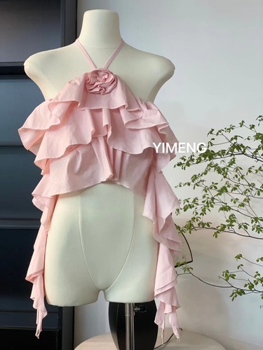 YIMENG23's new popular niche design Summer sweetheart layered ruffled three-color halter neck and backless