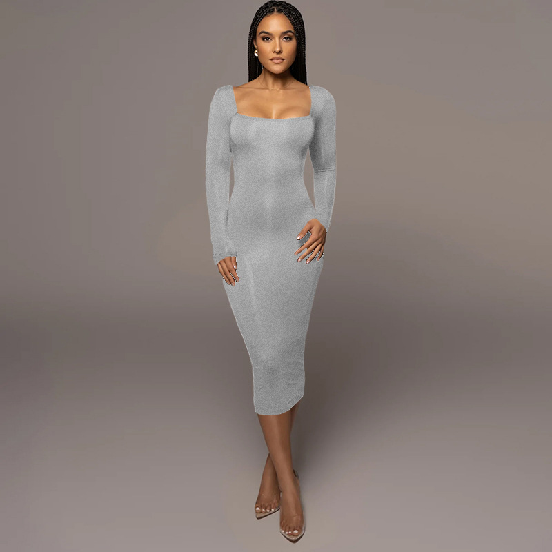 Slim Fleece Square Collar Long Sleeve Dress - Dresses - Uniqistic.com