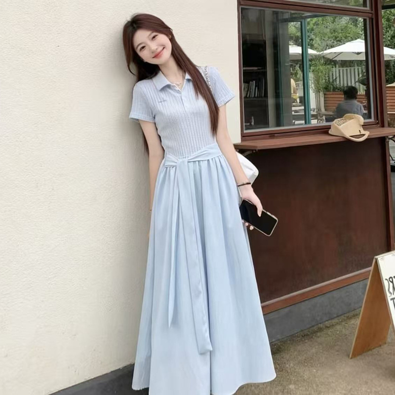 Blue Polo Collar Short-Sleeved Dress for Women, Summer 2026 New Style, Sweet and Beautiful, Preppy Style, Waist-Cinching Long Dress