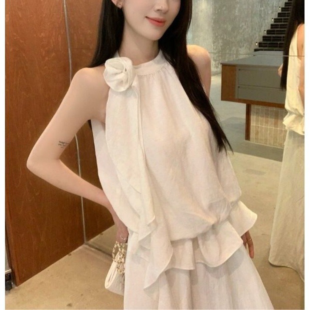 韩系温柔风套装女夏季2025新款挂脖无袖上衣垂感大摆半身裙两件套|undefined