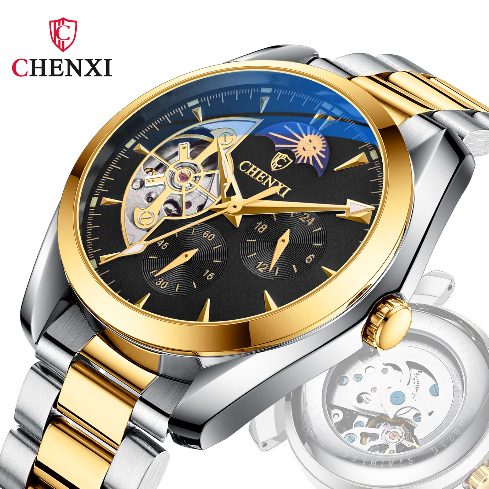 Chenxi reloj mecánico de los hombres impermeable Sun Moon Star automático cinturón de acero hueco reloj multifuncional 8801