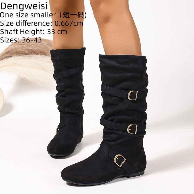 European and American Style Pleated Three-Buckle Daily Mid-Calf Boots for Women, Bohemian Flat Round-Toe Women's Boots, Large Size Western Boots European and American Style Pleated Three-Buckle Daily Mid-Calf Boots for Women, Bohemian Flat Round-Toe Women's Boots, Large Size Western Boots