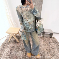 AC正确原2025早秋新款珍珠项链印花长袖T恤时尚修身显瘦女士打底