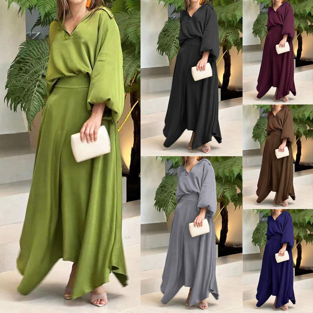 2022 Cross-border European and American Women's Summer New Loose plus size Solid Color Long Sleeve Top High Waist Half-length Dress suit