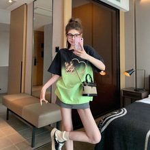 多巴胺撞色渐变宽松T恤女慵懒风洋气印花减龄中长款显瘦百搭上衣