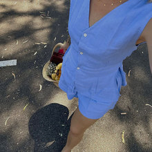 2024法式小众夏季蓝色套装新款无袖系带马甲上衣短裤两件套女装