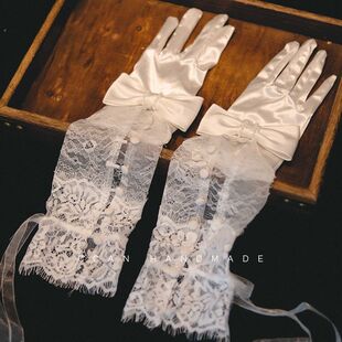 Xi Kan New White Lace Satin Stitching Bow Long Gloves Bridal Dress Photo Wedding Dress Makeup Accessories