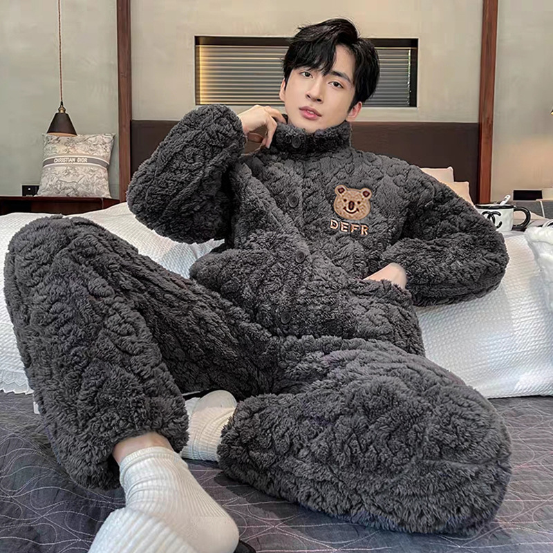 겨울 새 스탠드 칼라 파자마 남성 패딩 산호 양털 3 층 클립면 패딩 재킷 10 대들이 가정용 의류 도매 착용