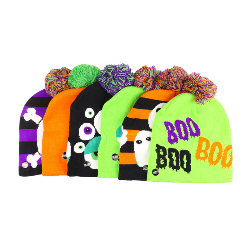 Original design explosion hot selling funny holiday party LED knitted hat pumpkin ghost skull knitted hat Halloween_voghion.com