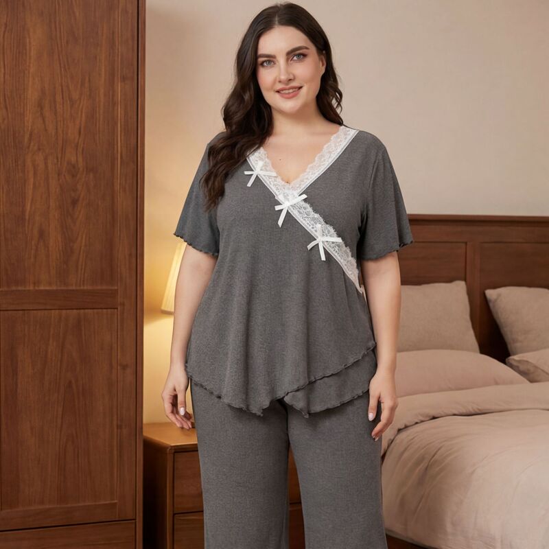 Cross-Border Plus-Size Women's Summer Pajama Set with Lace Bow V-Neck Short Sleeves, Wavy Edge Wide-Leg Pants, Comfortable Two-Piece Set Cross-Border Plus-Size Women's Summer Pajama Set with Lace Bow V-Neck Short Sleeves, Wavy Edge Wide-Leg Pants, Comfortable Two-Piece Set