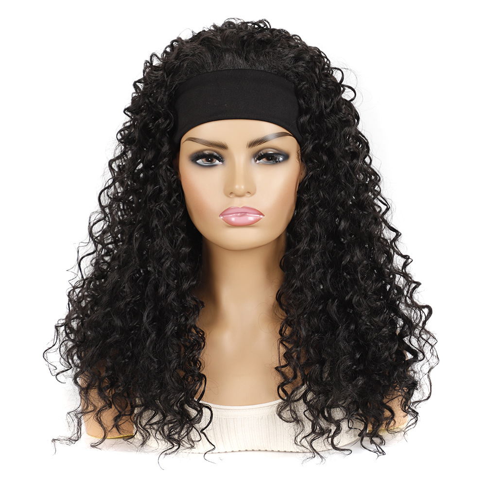 Perruque synthétique cheveux longs bandeaux de perruque bouclés profonds et bandeaux en fibres synthétiques_voghion.com