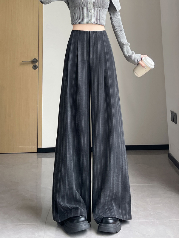 条纹阔腿裤女春秋2025新款显瘦百搭高腰垂感拖地宽松休闲西装裤子|undefined