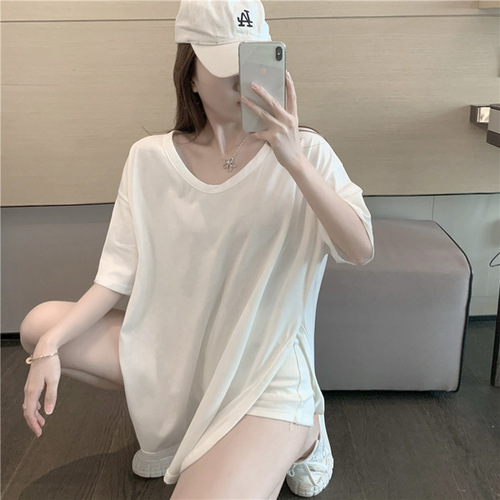 Cotton Asymmetrical Split U-neck Short-sleeve T-shirt for Women - Summer Loose Korean Style Medium-length Large Collar Top Trendy