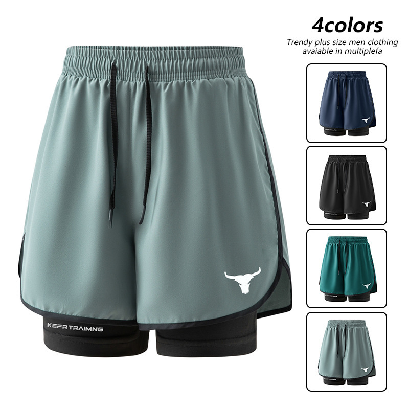 Cross-Border Amazon Summer Ice Silk Sports Shorts for Men, American-Style Double-Layer Couple's Faux Two-Piece Running Fitness Shorts Cross-Border Amazon Summer Ice Silk Sports Shorts for Men, American-Style Double-Layer Couple's Faux Two-Piece Running Fitness Shorts
