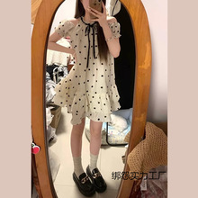夏季2025新款法式甜美露肩波點連衣裙女小個子氣質蓬蓬短裙娃娃裙