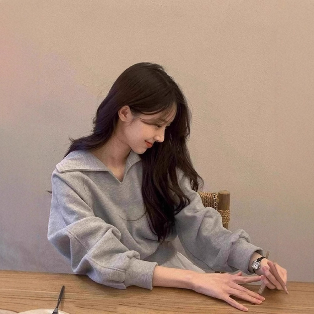 美式复古灰色翻领卫衣女春秋季小个子外穿休闲慵懒风宽松短款上衣