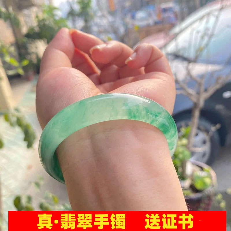 厂家批发缅甸翡翠手镯冰种透飘绿花贵妃真玉镯子女款玉石玉处理