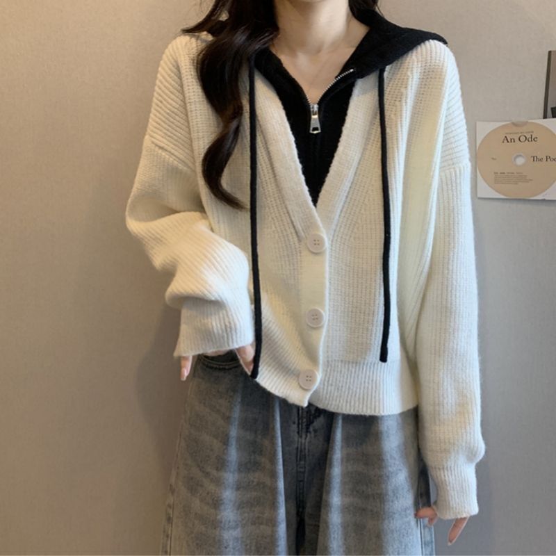 大码假两件短款连帽毛衣外套女秋冬胖mm显瘦遮肚子针织衫开衫上衣|undefined