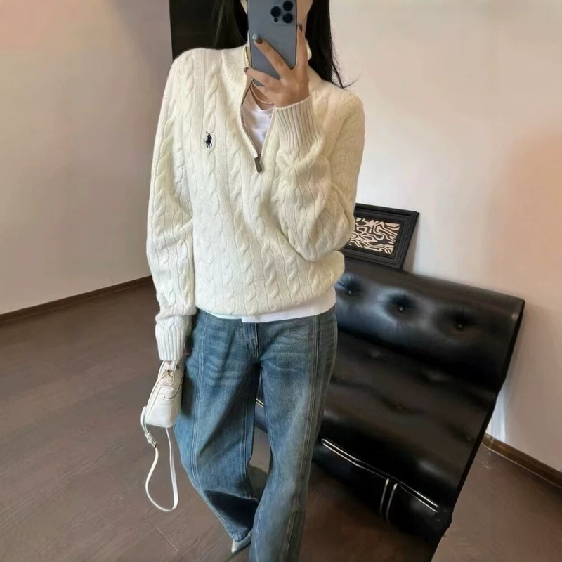 【Original label can be scanned】Ralph Lauren knitted half-zip cable knit sweater with pony logo, stand-up collar, long sleeves, for women 【Original label can be scanned】Ralph Lauren knitted half-zip cable knit sweater with pony logo, stand-up collar, long sleeves, for women