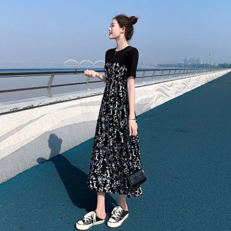 Dress for Women 2025 Summer New Style Hepburn Style Mid-Length Floral Skirt Elegant High Waist Slim Short-Sleeved Long Skirt