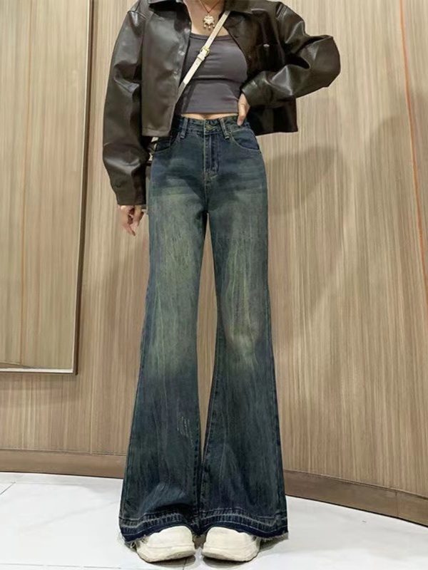 小个子复古微喇牛仔裤女春秋2025年新款美式高腰显瘦喇叭阔腿长裤|undefined