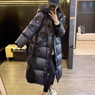 欧洲站黑金长款羽绒服女2024冬季新款时尚过膝亮面白鸭绒外套