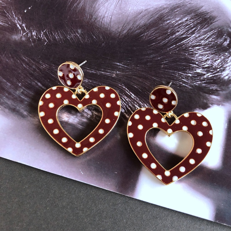 14g Weight No Inlaid Inlay Material Earrings, Ear Studs Classification Wedding, Travel Occasion Alloy Material Printing Pattern Women'S Gender Fashion Style Green, Silver Color Retro Red Oil Drip Glaze Enamel Heart Wave Dot Color Matching Geometric Earrings Wholesale Nihaojewelry 5