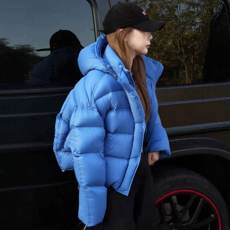 2026 New Women's Short Down Jacket with Puff Hat, Korean Style, Thickened Puff Coat, 95% White Duck Down, Warm Outerwear