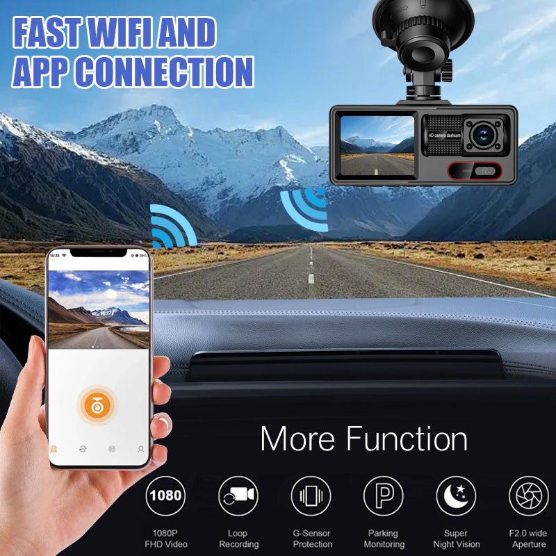 Cross-Border 1080P Three-Lens Driving Recorder Wifi Mobile Phone Interconnection 2inch High-Definition Screen Car Recorder