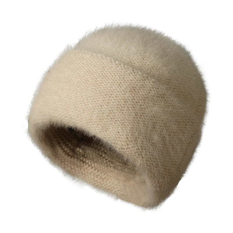 Mũ len beanie nữ dệt kim len thỏ Angora, chu vi vòng đầu lớn, giữ ấm mùa đông — màu be