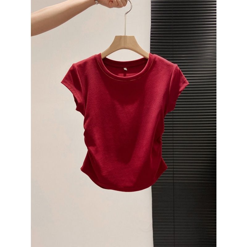 Bright White and Red Regular Shoulder T-Shirt for Women, Summer Short Pleated Waist-Cinching Top, Korean Style, Elegant Short-Sleeve Bright White and Red Regular Shoulder T-Shirt for Women, Summer Short Pleated Waist-Cinching Top, Korean Style, Elegant Short-Sleeve